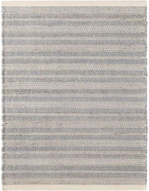 A 12 ft Lariat runner rug in shades of gray and silver, featuring a textured stripe pattern, perfect for a hallway.
