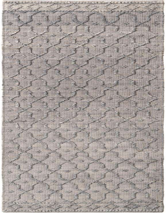 A 10 ft Larsa Jute runner rug in gray, featuring a modern trellis pattern with a textured, handmade weave.