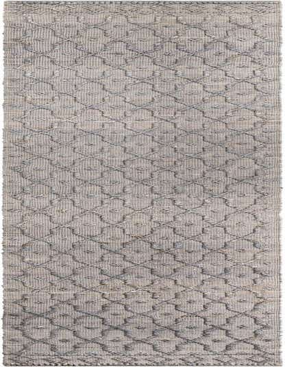 A 14 ft Larsa Jute runner rug in grays and silvers, featuring a modern trellis pattern and textured pile, ideal for a hallway.