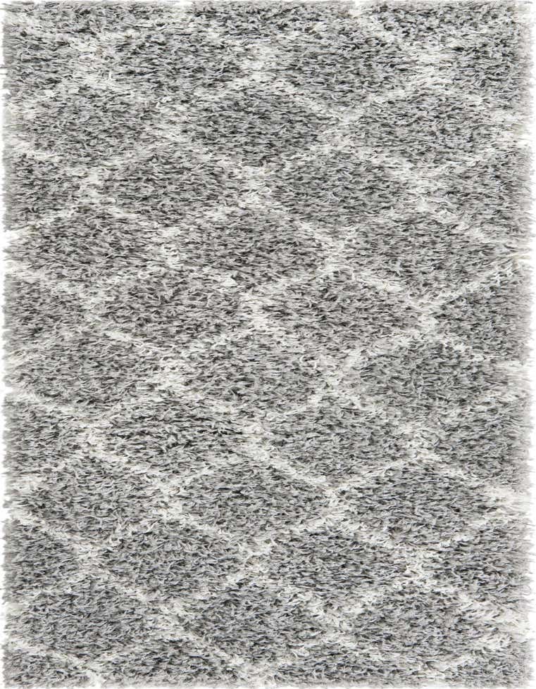 A 5 ft runner rug in shades of gray and silver with a modern trellis pattern and high/low shag pile, ideal for a hallway.