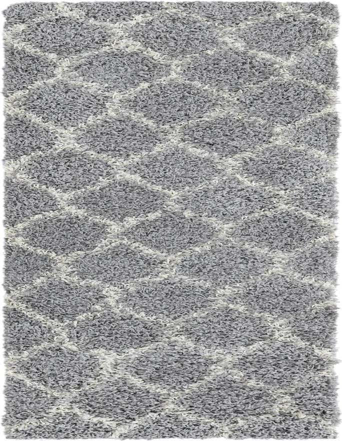 A 6 ft gray runner rug with a modern high/low textured shag pile and an abstract white lattice pattern.