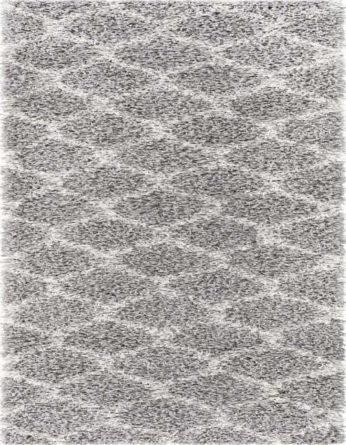 A gray and silver 8 ft runner rug with a textured high/low trellis pattern, ideal for hallways.