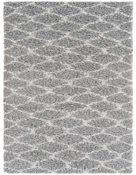 A 10 ft runner rug in shades of gray and silver with a modern high-low textured lattice pattern, perfect for a hallway.