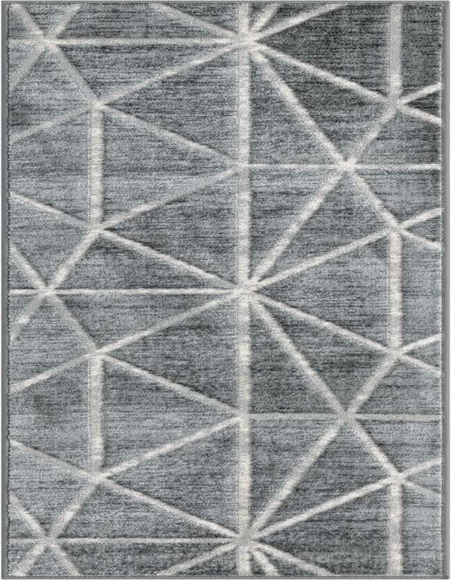 A 6 ft runner rug with a modern geometric trellis pattern in varying shades of gray and silver, featuring a textured pile.