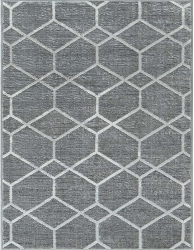 A 10 ft runner rug in shades of gray and silver, featuring a bold geometric trellis pattern, ideal for a hallway.