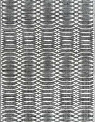 A 20 ft runner rug featuring a modern gray and silver trellis pattern with interlocking circles, ideal for a hallway.