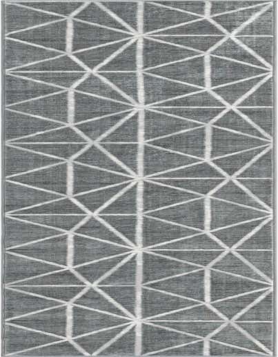 A 13 ft runner rug with a modern gray background and a white geometric trellis pattern, ideal for a hallway.