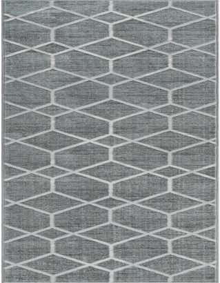 A long 16 ft runner rug in shades of gray and silver, featuring a modern trellis pattern, perfect for a hallway.