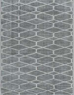 A long 20 ft runner rug in shades of gray and silver, featuring a modern geometric trellis pattern, ideal for a hallway.
