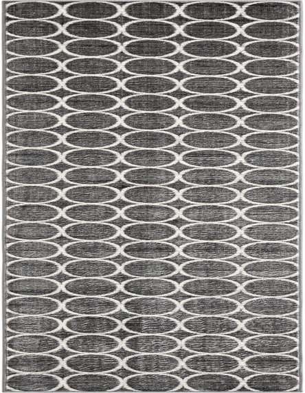 A 12 ft runner rug with a modern gray background and repeating white circular geometric patterns, ideal for a hallway or patio.