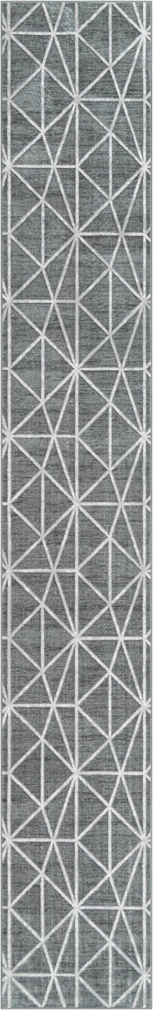 A long gray runner rug featuring a modern white geometric trellis pattern, ideal for hallways.