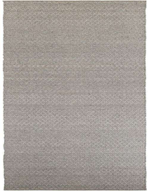 A 14 ft gray runner rug with a subtle modern lattice pattern, made from wool and cotton, suitable for a hallway.