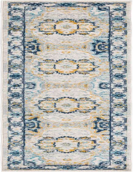 A 10 ft runner rug featuring a distressed traditional medallion pattern in shades of gray, silver, navy blue, and gold, ideal for a hallway.