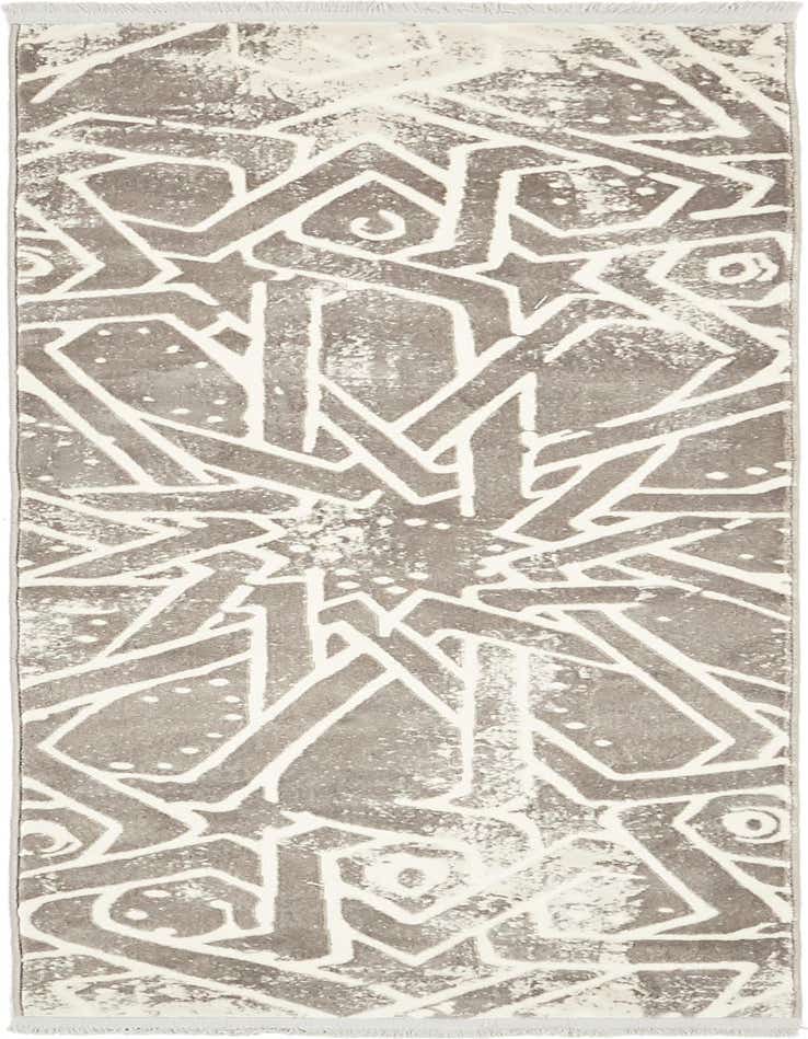 A 6 ft runner rug featuring an abstract, eclectic pattern in shades of gray and silver, with a textured pile.