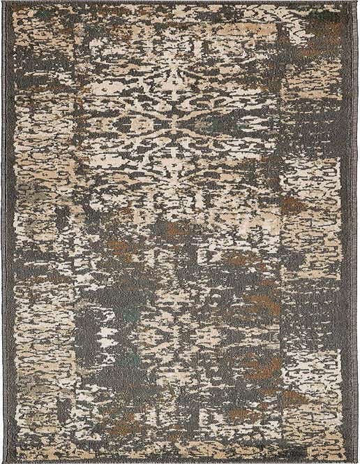 A 10 ft runner rug in grays and silvers with an abstract, distressed traditional pattern, ideal for a hallway.