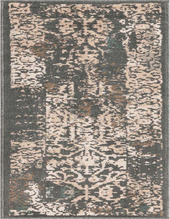 A 6 ft runner rug with an abstract traditional pattern in shades of gray, beige, and subtle teal, ideal for a hallway or kitchen.
