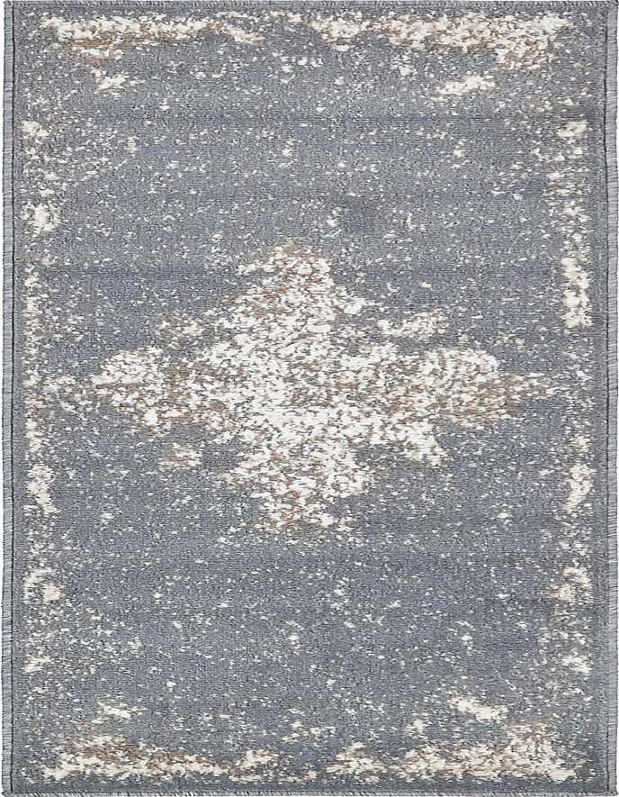 Gray runner rug with a distressed traditional medallion pattern in white and subtle brown, ideal for a hallway or kitchen.