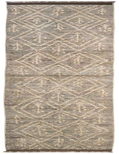 A 16 ft gray wool runner rug with a repeating light geometric diamond and tribal pattern, suitable for a hallway.