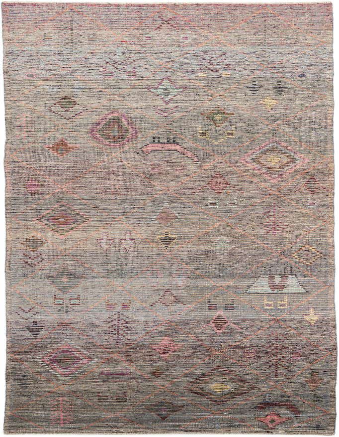 A 16 ft gray wool runner rug with a tribal, abstract pattern in pink, orange, and muted jewel tones.