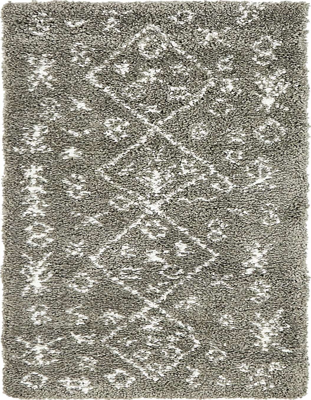 A gray 6 ft runner rug with a white Scandinavian tribal pattern, featuring a plush shag pile.