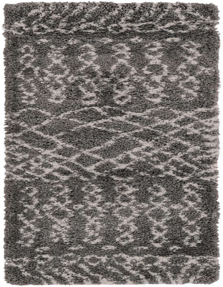 A 6 ft runner rug with a gray shag pile and a white Scandinavian trellis pattern, ideal for hallways.