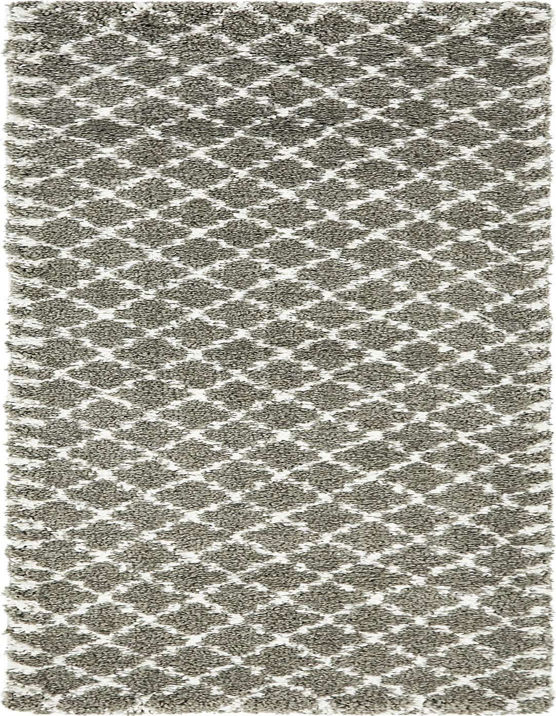 A 10 ft runner rug in shades of gray and silver, featuring a textured trellis pattern, ideal for a hallway.