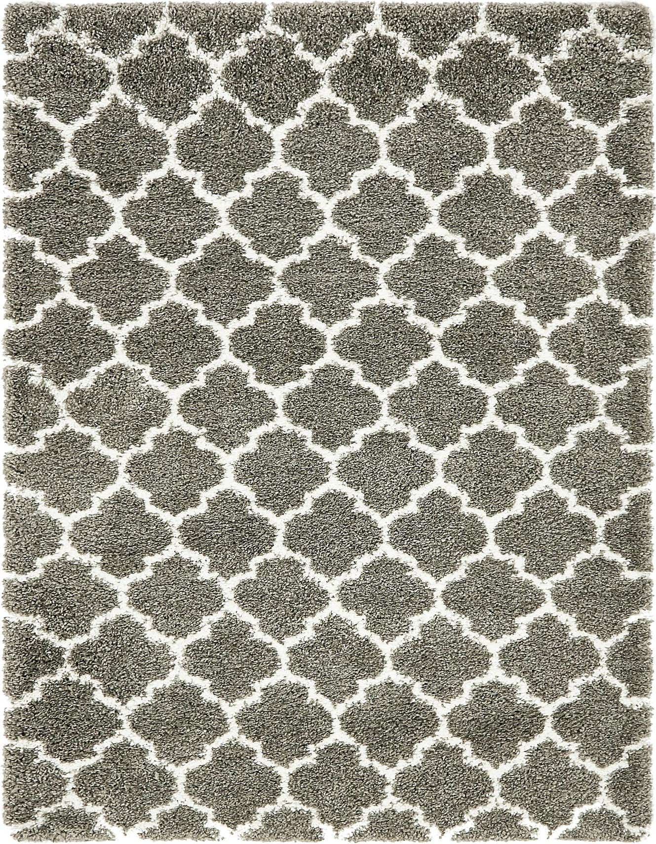 A 4 ft runner rug featuring a gray Moroccan trellis pattern on a white shag background, ideal for hallways.