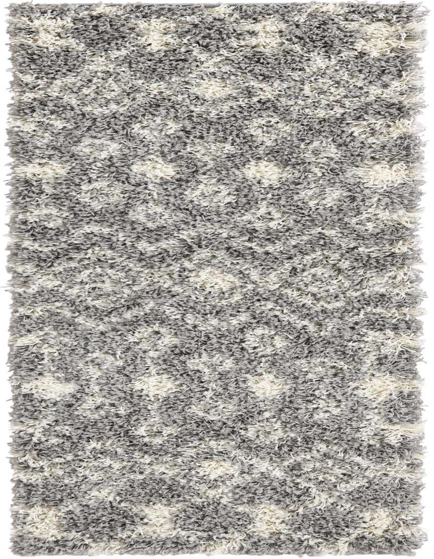 A 5 ft runner rug from the Moroccan Trellis Shag collection, featuring a soft gray and off-white tribal pattern.