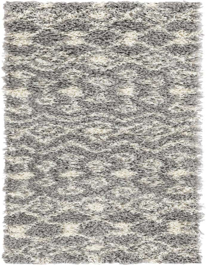 A 6 ft runner rug featuring a gray and off-white tribal trellis pattern with a plush shag pile.