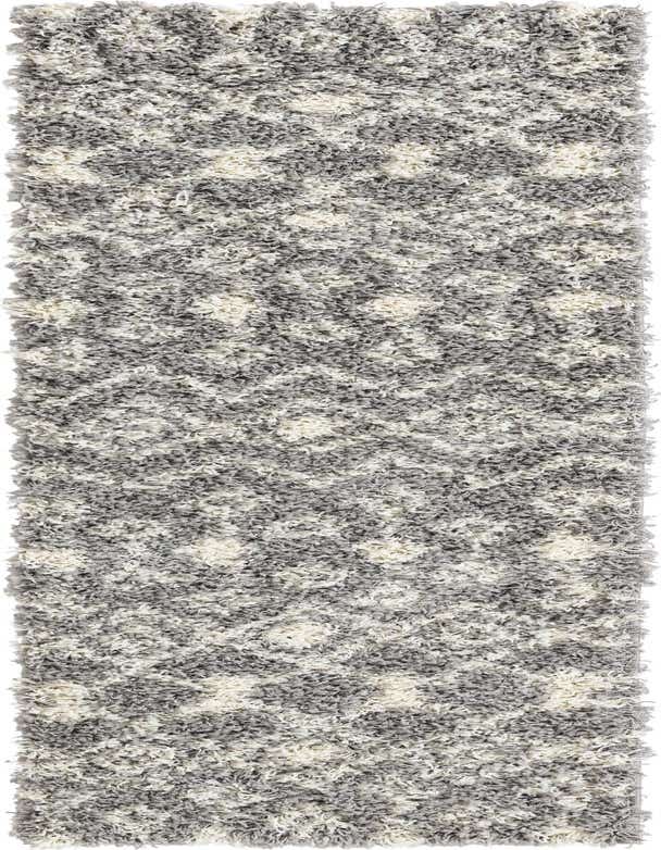A 7 Ft Runner rug with a gray and off-white tribal pattern, featuring a soft shag pile.