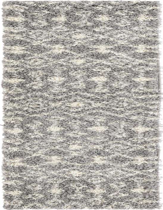 A gray and silver 8 ft runner rug with a thick shag pile and a subtle tribal pattern, ideal for a hallway.