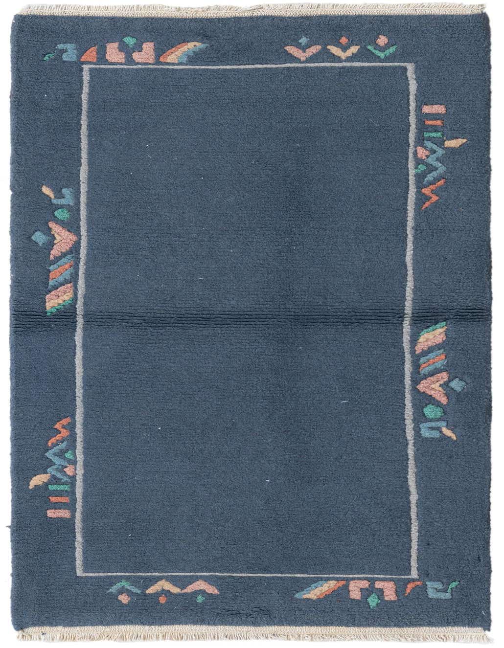 A handmade 5 Ft Nepal runner rug in gray with a modern abstract border in various pastel colors, suitable for a hallway.