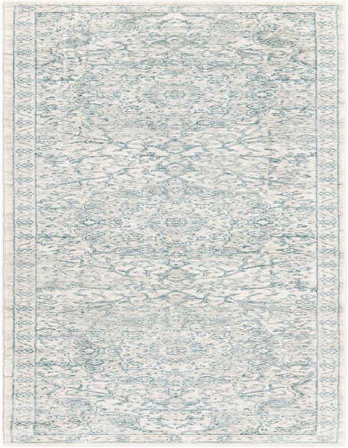 A gray and silver 8 ft runner rug with a distressed traditional medallion pattern, ideal for a hallway or kitchen.