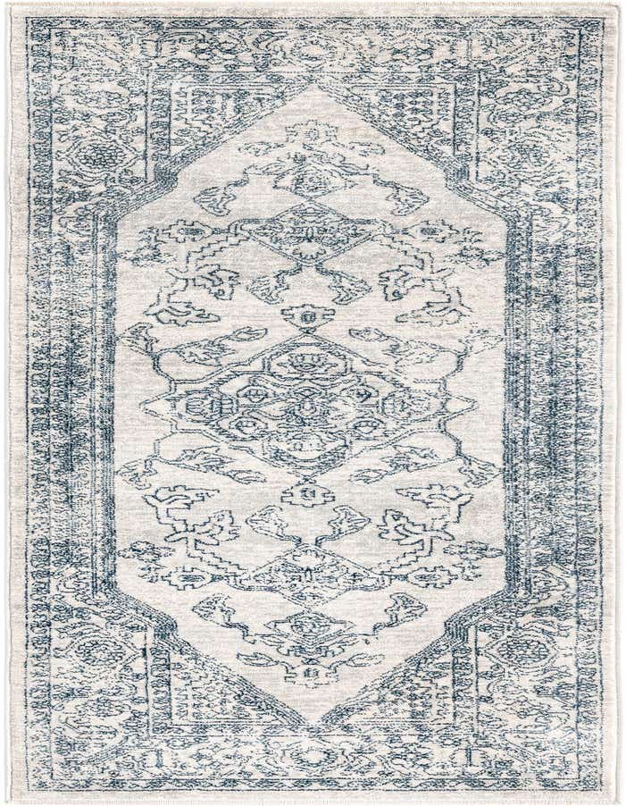 A 6 ft runner rug featuring a distressed traditional medallion and tribal pattern in shades of gray and silver.