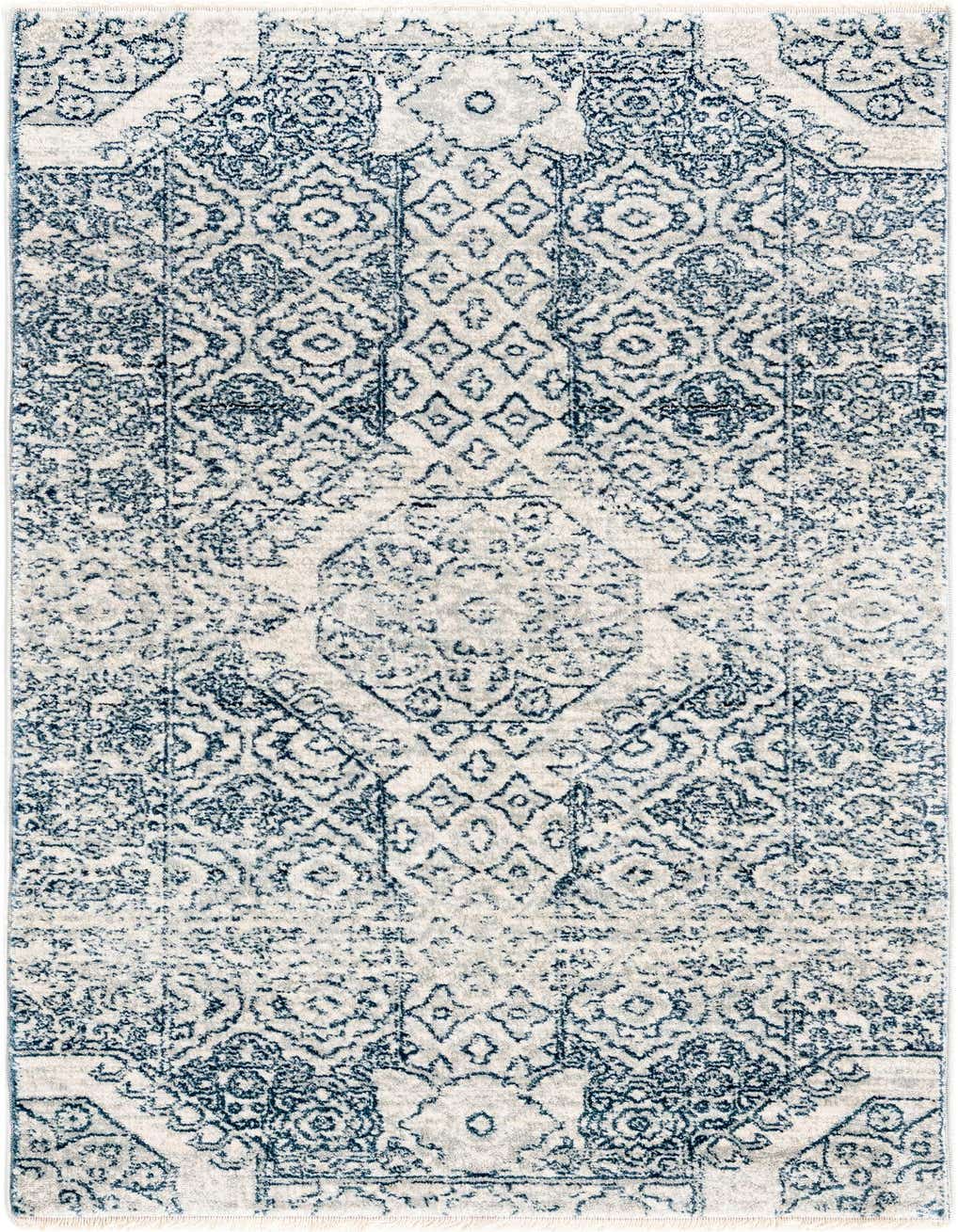 A 4 ft runner rug from the Newport collection, featuring a distressed gray and silver traditional medallion pattern.