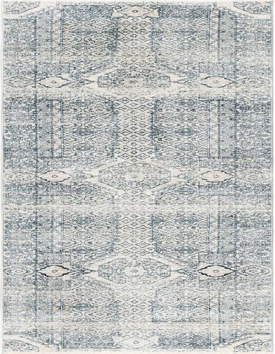 A 10 ft runner rug from the Newport Collection in shades of gray and silver, featuring a distressed traditional medallion and tribal pattern, ideal for a hallway.
