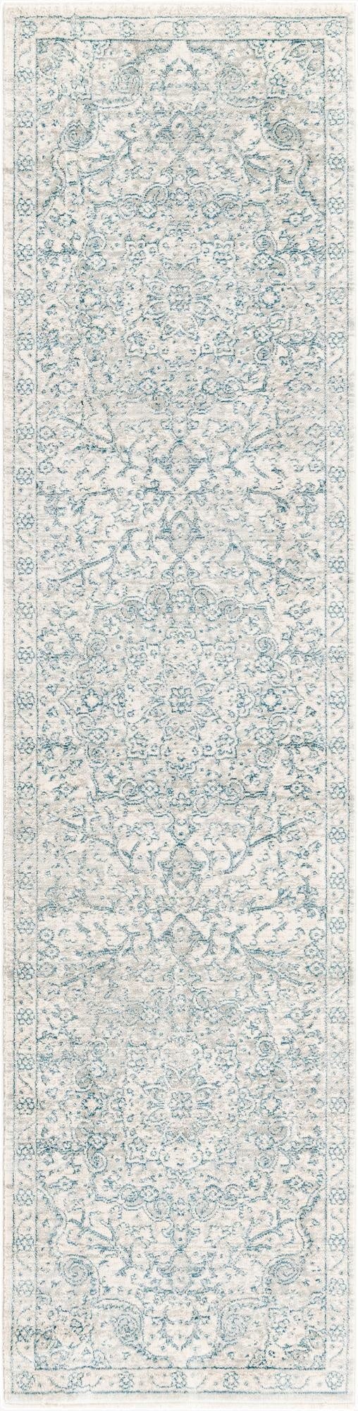 A gray and silver 8 ft runner rug with a distressed traditional medallion pattern, ideal for a hallway or kitchen.