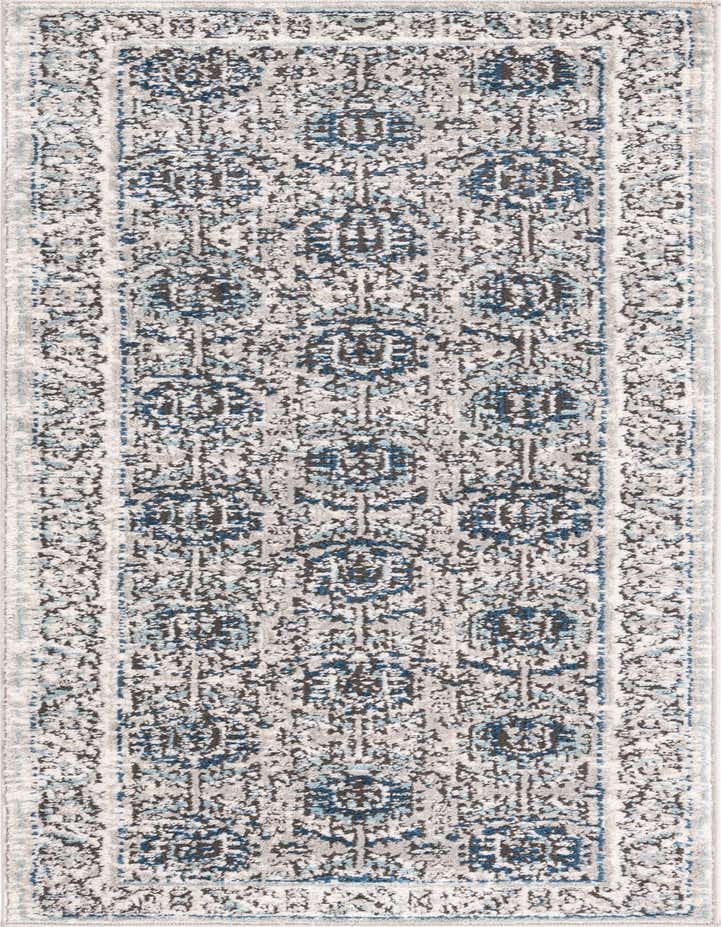 A 6 ft runner rug with a distressed traditional medallion pattern in shades of gray, silver, and blue, perfect for a hallway.