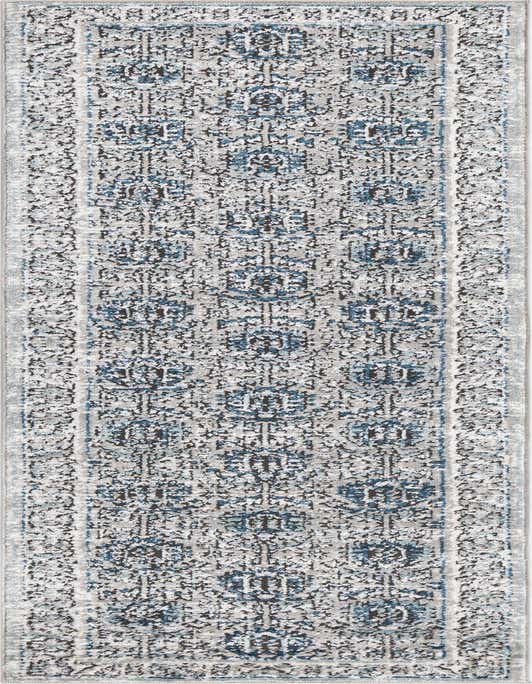 A gray and silver 8 ft runner rug with a distressed traditional medallion pattern, ideal for a hallway.
