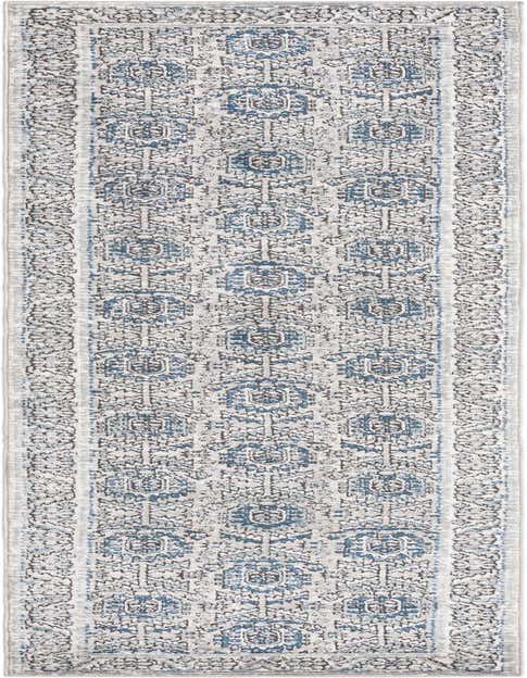 A 12 ft runner rug in gray and blue with a distressed traditional medallion and border pattern, ideal for a hallway.