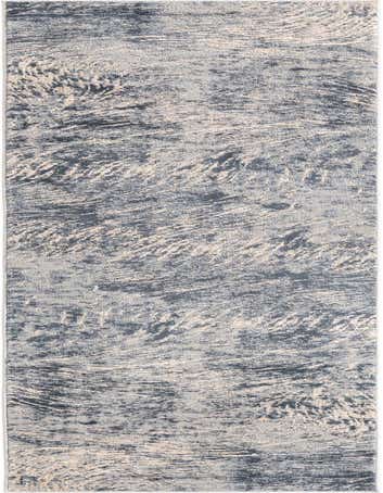 A 12 ft runner rug from the Oasis collection, featuring a modern coastal pattern in varying shades of gray and silver.