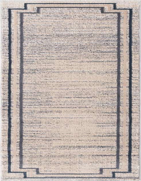 An 8 ft runner rug in shades of gray and silver with a textured, modern border pattern, perfect for a hallway.