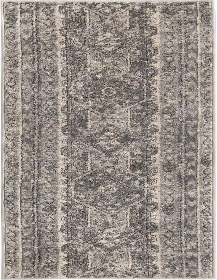 A 6 ft runner rug from the Oregon Collection, featuring a distressed gray and silver bohemian pattern with tribal and stripe elements, ideal for a hallway.