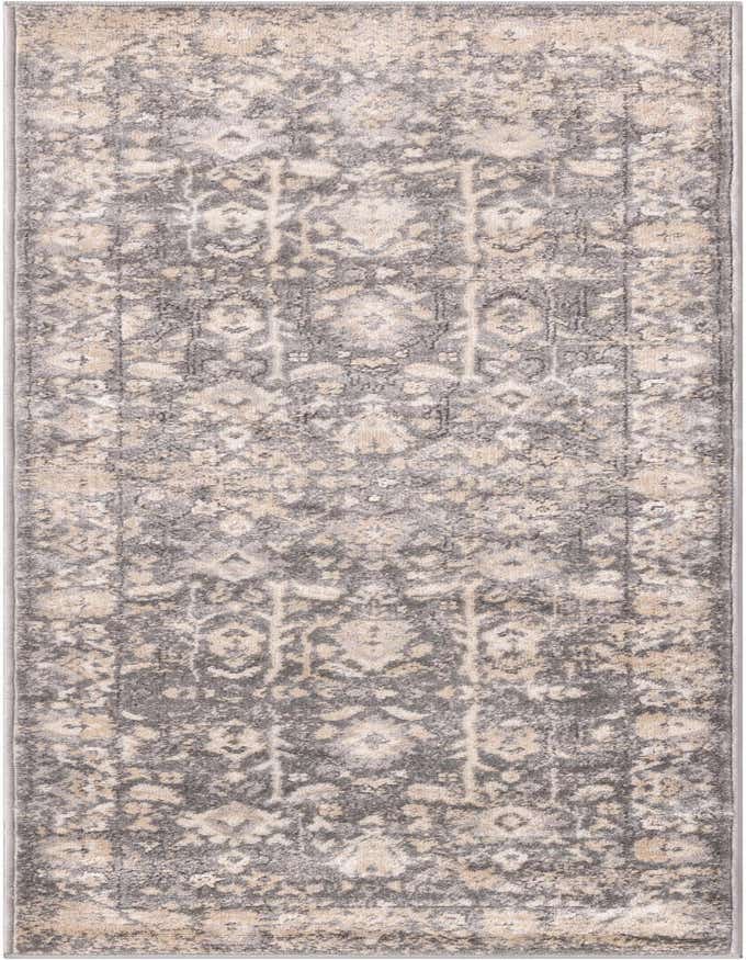 A 6 ft gray runner rug with a distressed traditional floral pattern in lighter gray and beige tones.