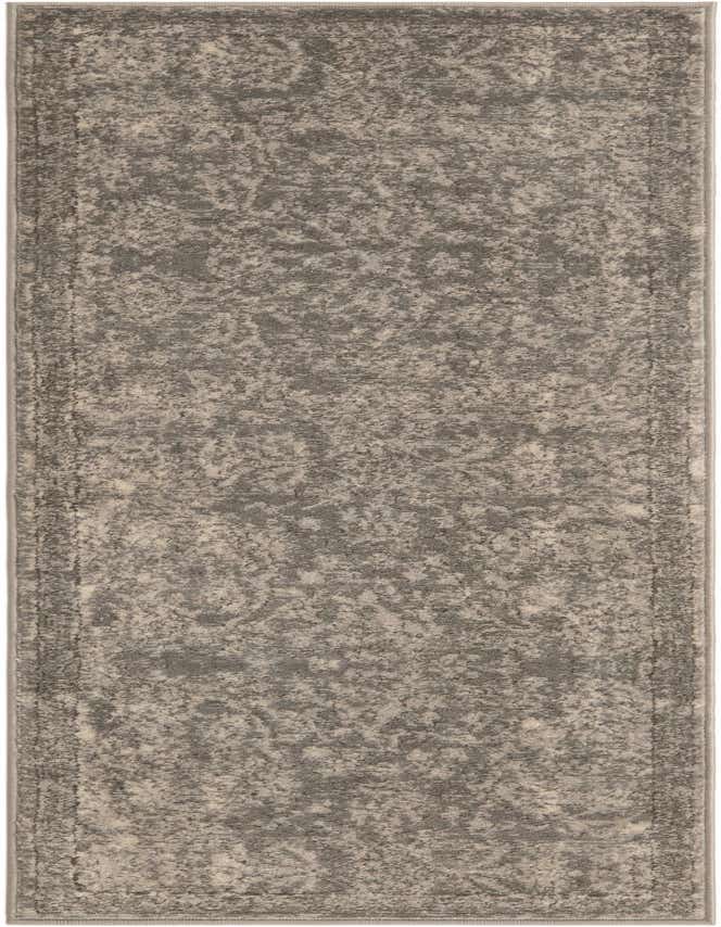 A 6 ft runner rug in shades of gray and silver, featuring a distressed shabby-chic botanical pattern, ideal for a hallway.