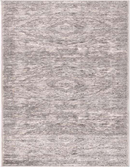 A gray and silver 8 ft runner rug with a subtle distressed medallion pattern, ideal for a hallway.