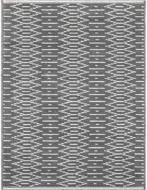 A 12 ft runner rug in shades of gray and silver with a modern geometric pattern, perfect for a hallway.