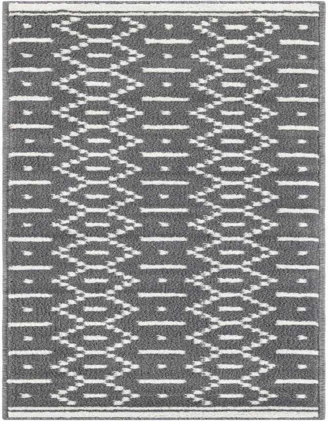 A 6 ft runner rug in shades of gray and white, featuring a modern geometric pattern with diamonds and dashes.