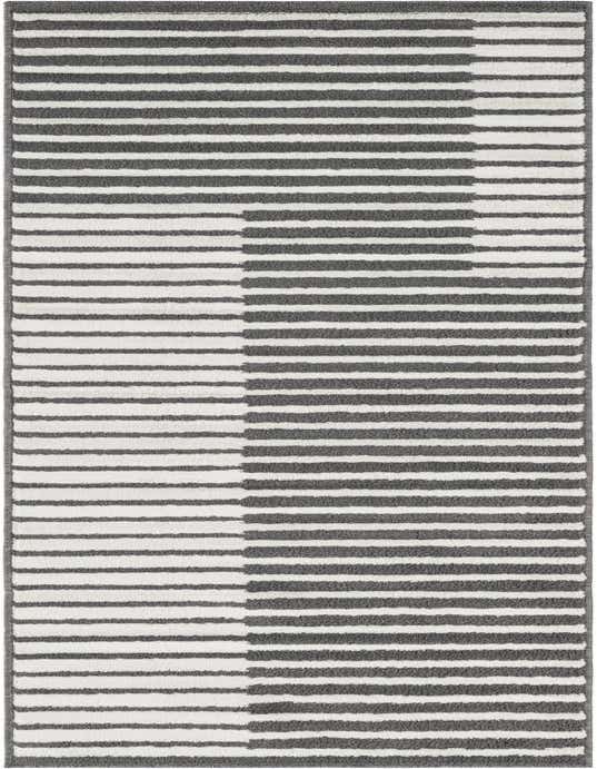 A 10 ft runner rug featuring a modern gray and white stripe pattern, ideal for a hallway.