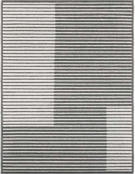 A 12 ft runner rug with a modern gray and white striped pattern, featuring alternating long and short horizontal lines.